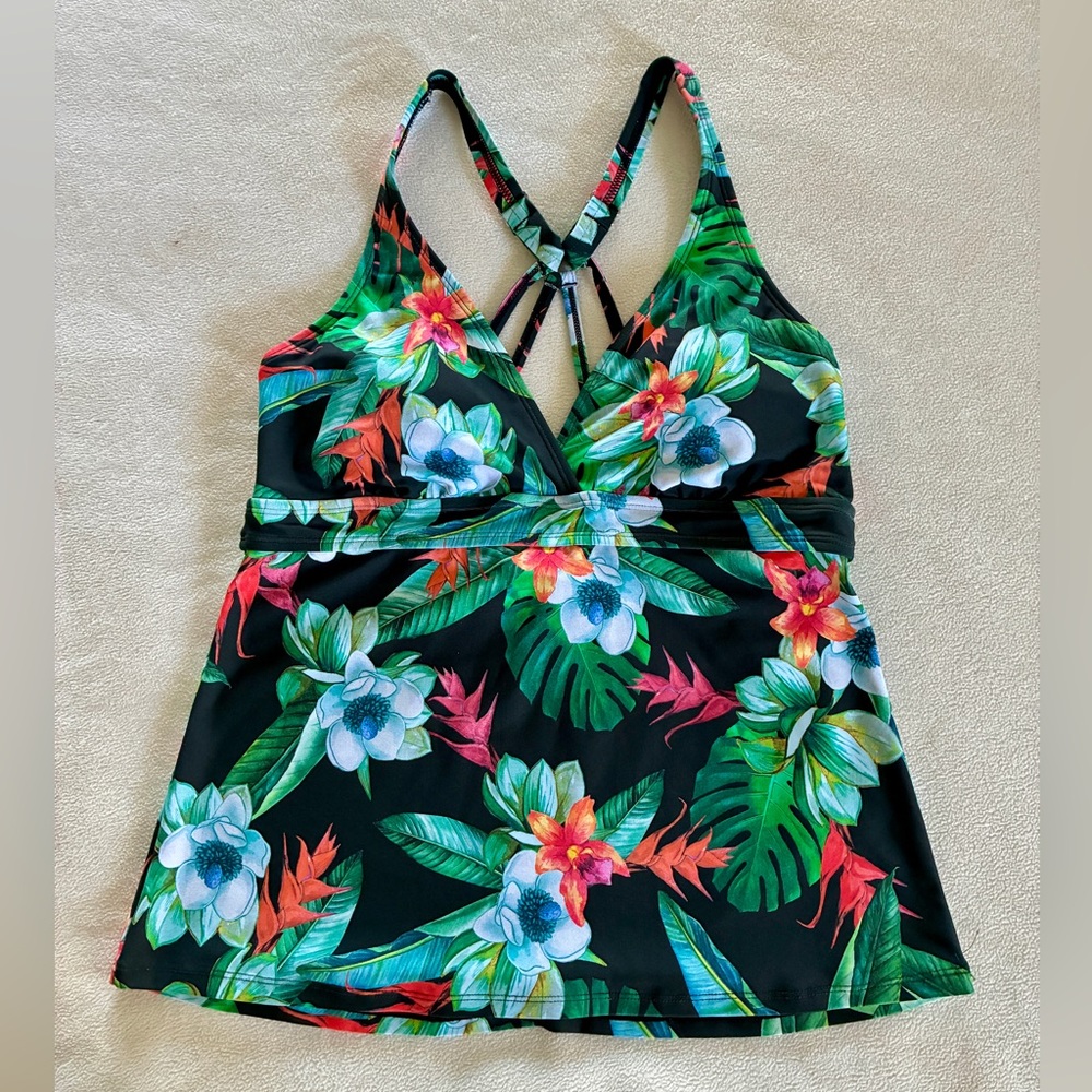 NWT Tropical Tankini Top L UPF 50 Black Floral Resort Cruise Vacation Swimwear